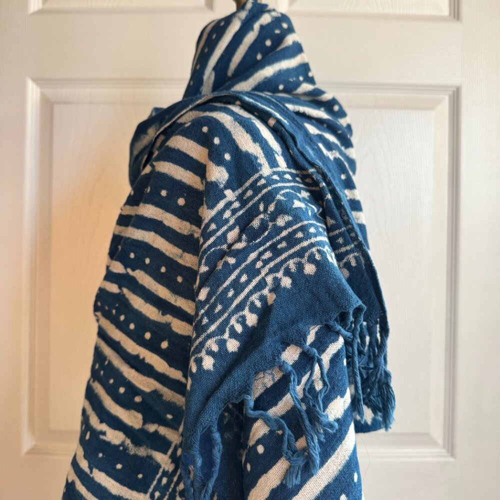 Large Mudcloth Print Woven Blanket Scarf By Paz Collective Shawl Cotton Indigo - Picture 2 of 10